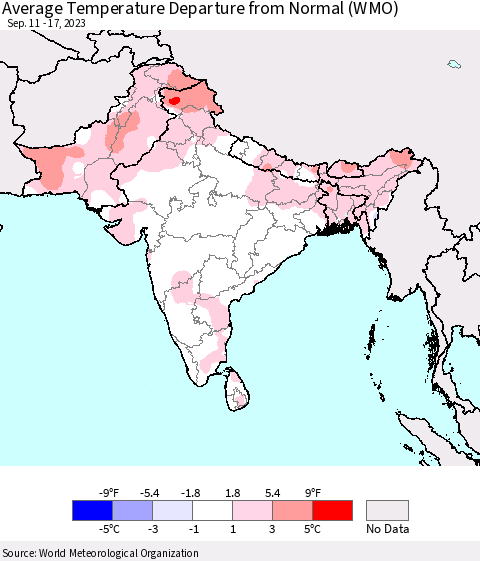 Southern Asia Average Temperature Departure from Normal (WMO) Thematic Map For 9/11/2023 - 9/17/2023