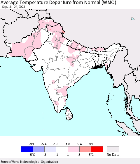 Southern Asia Average Temperature Departure from Normal (WMO) Thematic Map For 9/18/2023 - 9/24/2023