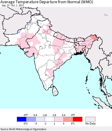 Southern Asia Average Temperature Departure from Normal (WMO) Thematic Map For 9/25/2023 - 10/1/2023