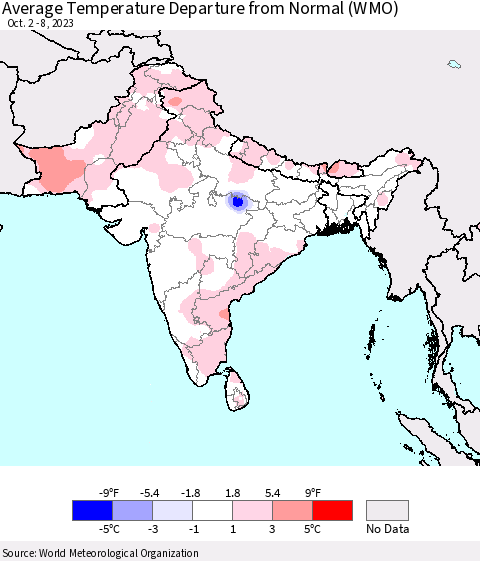 Southern Asia Average Temperature Departure from Normal (WMO) Thematic Map For 10/2/2023 - 10/8/2023