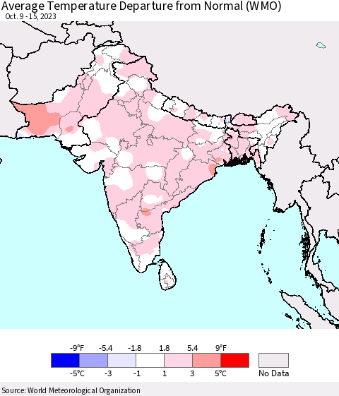Southern Asia Average Temperature Departure from Normal (WMO) Thematic Map For 10/9/2023 - 10/15/2023