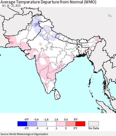 Southern Asia Average Temperature Departure from Normal (WMO) Thematic Map For 10/16/2023 - 10/22/2023