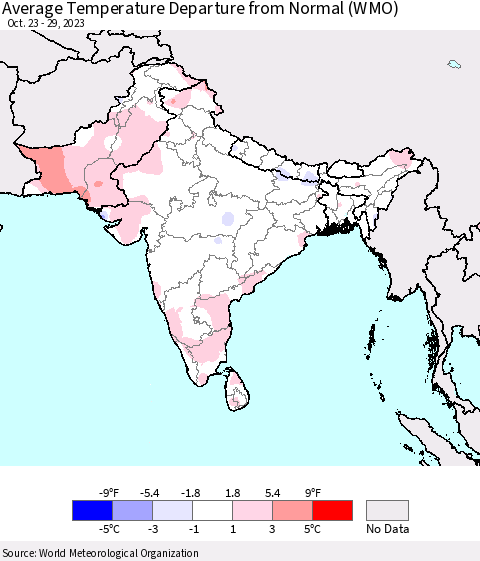 Southern Asia Average Temperature Departure from Normal (WMO) Thematic Map For 10/23/2023 - 10/29/2023
