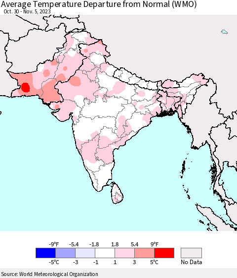 Southern Asia Average Temperature Departure from Normal (WMO) Thematic Map For 10/30/2023 - 11/5/2023