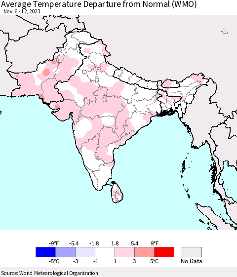 Southern Asia Average Temperature Departure from Normal (WMO) Thematic Map For 11/6/2023 - 11/12/2023