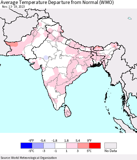 Southern Asia Average Temperature Departure from Normal (WMO) Thematic Map For 11/13/2023 - 11/19/2023