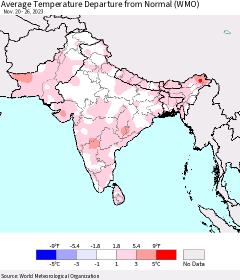 Southern Asia Average Temperature Departure from Normal (WMO) Thematic Map For 11/20/2023 - 11/26/2023