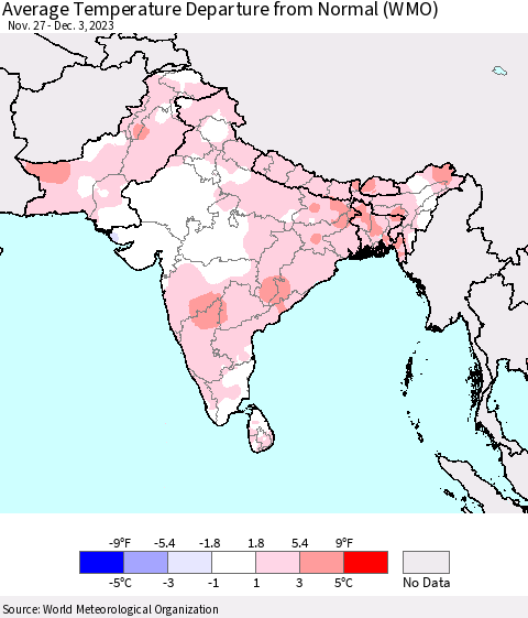 Southern Asia Average Temperature Departure from Normal (WMO) Thematic Map For 11/27/2023 - 12/3/2023