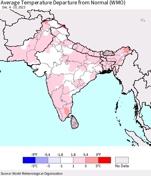 Southern Asia Average Temperature Departure from Normal (WMO) Thematic Map For 12/4/2023 - 12/10/2023
