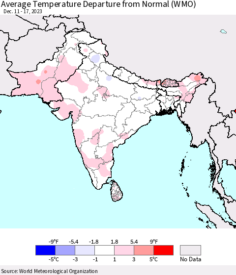 Southern Asia Average Temperature Departure from Normal (WMO) Thematic Map For 12/11/2023 - 12/17/2023