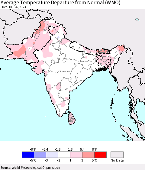 Southern Asia Average Temperature Departure from Normal (WMO) Thematic Map For 12/18/2023 - 12/24/2023