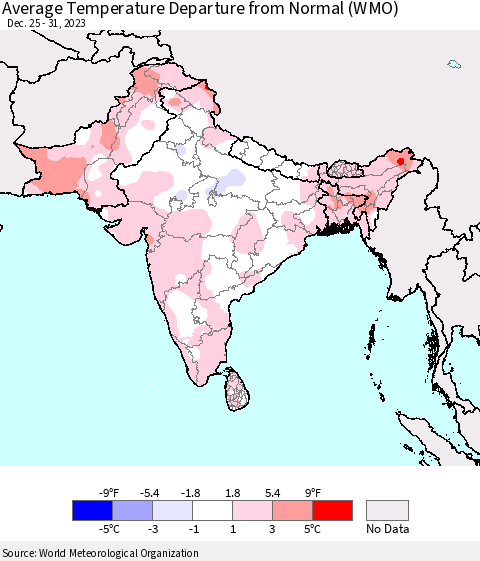 Southern Asia Average Temperature Departure from Normal (WMO) Thematic Map For 12/25/2023 - 12/31/2023
