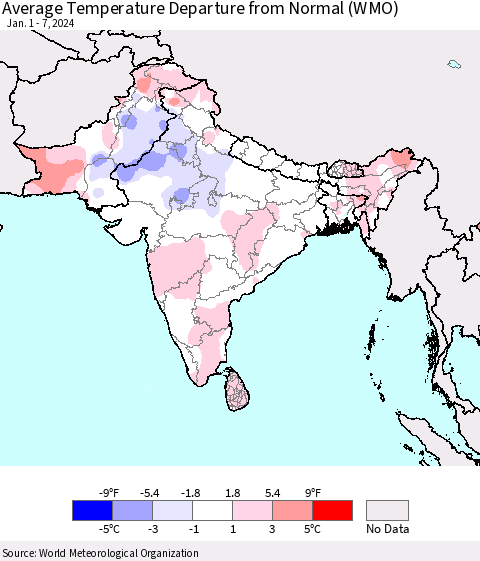 Southern Asia Average Temperature Departure from Normal (WMO) Thematic Map For 1/1/2024 - 1/7/2024