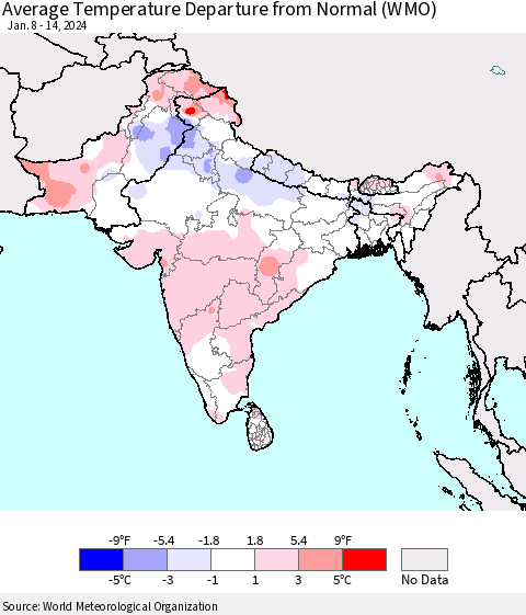 Southern Asia Average Temperature Departure from Normal (WMO) Thematic Map For 1/8/2024 - 1/14/2024