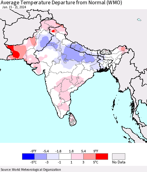 Southern Asia Average Temperature Departure from Normal (WMO) Thematic Map For 1/15/2024 - 1/21/2024