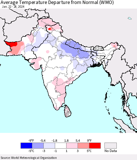 Southern Asia Average Temperature Departure from Normal (WMO) Thematic Map For 1/22/2024 - 1/28/2024
