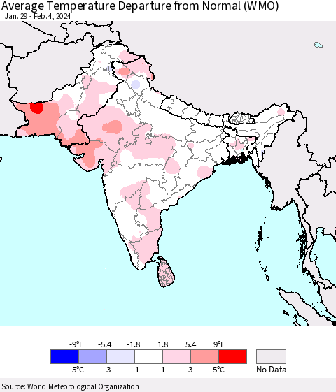 Southern Asia Average Temperature Departure from Normal (WMO) Thematic Map For 1/29/2024 - 2/4/2024