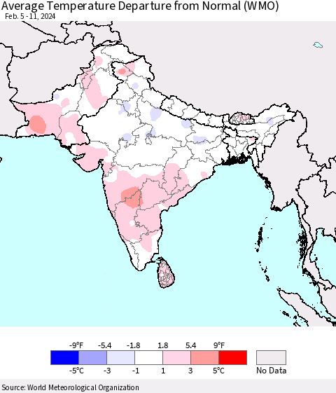 Southern Asia Average Temperature Departure from Normal (WMO) Thematic Map For 2/5/2024 - 2/11/2024