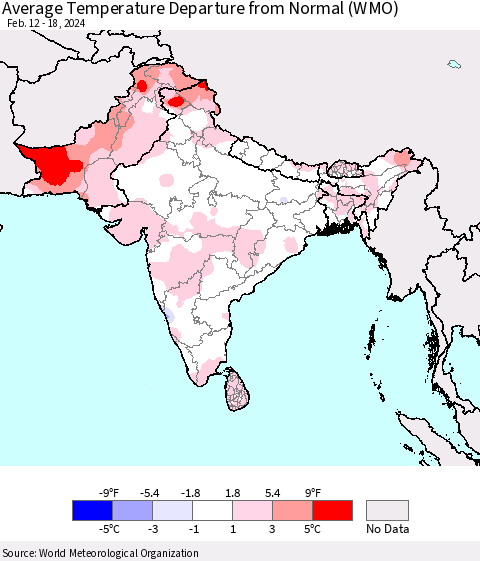 Southern Asia Average Temperature Departure from Normal (WMO) Thematic Map For 2/12/2024 - 2/18/2024