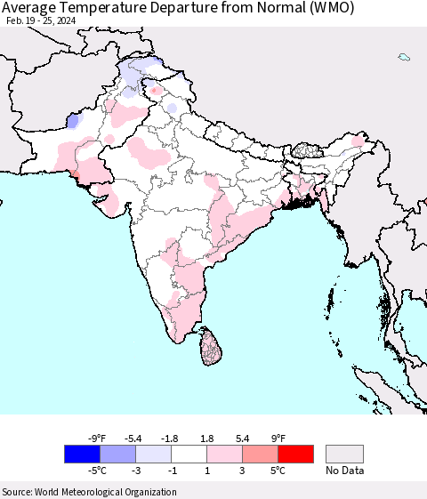 Southern Asia Average Temperature Departure from Normal (WMO) Thematic Map For 2/19/2024 - 2/25/2024