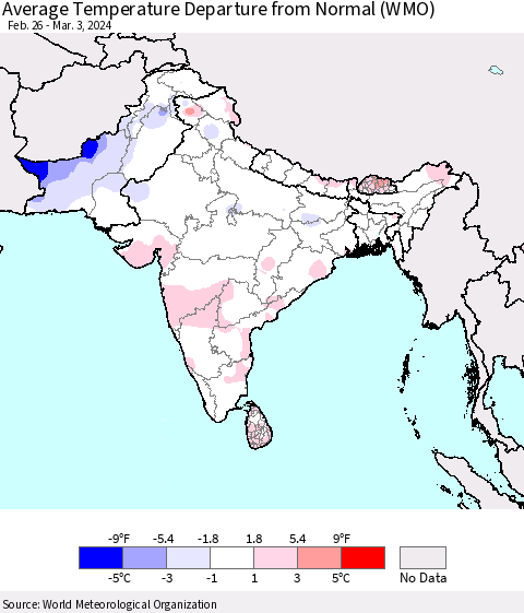 Southern Asia Average Temperature Departure from Normal (WMO) Thematic Map For 2/26/2024 - 3/3/2024