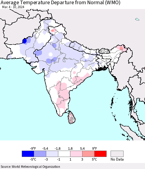 Southern Asia Average Temperature Departure from Normal (WMO) Thematic Map For 3/4/2024 - 3/10/2024