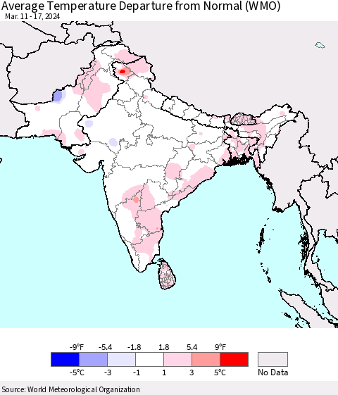 Southern Asia Average Temperature Departure from Normal (WMO) Thematic Map For 3/11/2024 - 3/17/2024