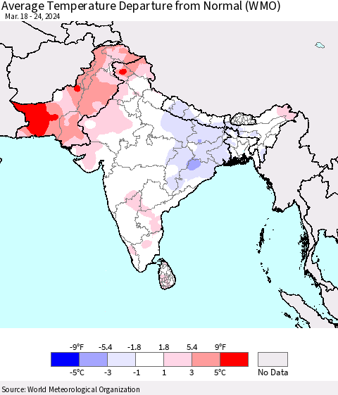 Southern Asia Average Temperature Departure from Normal (WMO) Thematic Map For 3/18/2024 - 3/24/2024