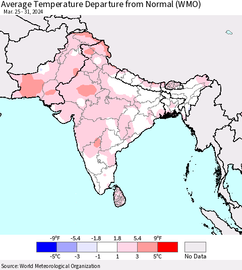 Southern Asia Average Temperature Departure from Normal (WMO) Thematic Map For 3/25/2024 - 3/31/2024