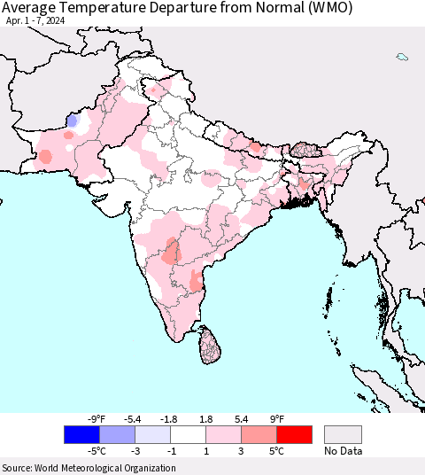 Southern Asia Average Temperature Departure from Normal (WMO) Thematic Map For 4/1/2024 - 4/7/2024