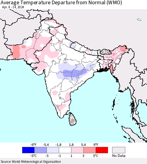 Southern Asia Average Temperature Departure from Normal (WMO) Thematic Map For 4/8/2024 - 4/14/2024