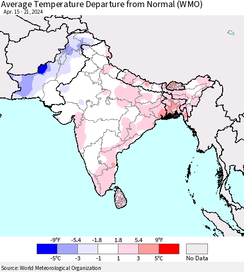 Southern Asia Average Temperature Departure from Normal (WMO) Thematic Map For 4/15/2024 - 4/21/2024