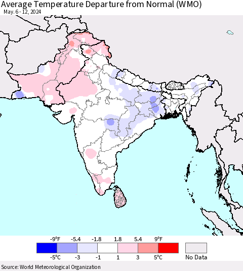 Southern Asia Average Temperature Departure from Normal (WMO) Thematic Map For 5/6/2024 - 5/12/2024