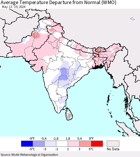 Southern Asia Average Temperature Departure from Normal (WMO) Thematic Map For 5/13/2024 - 5/19/2024