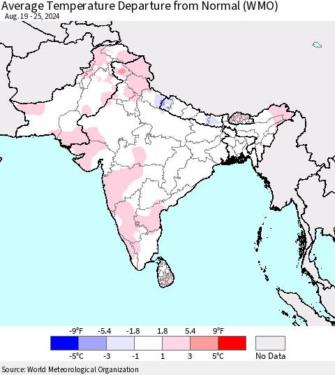 Southern Asia Average Temperature Departure from Normal (WMO) Thematic Map For 8/19/2024 - 8/25/2024
