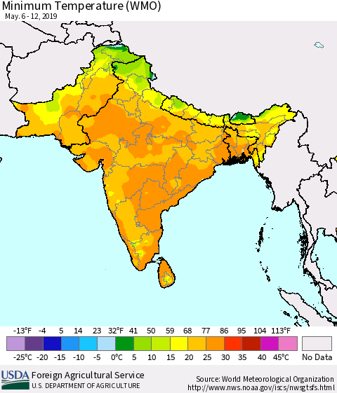 Southern Asia Minimum Temperature (WMO) Thematic Map For 5/6/2019 - 5/12/2019