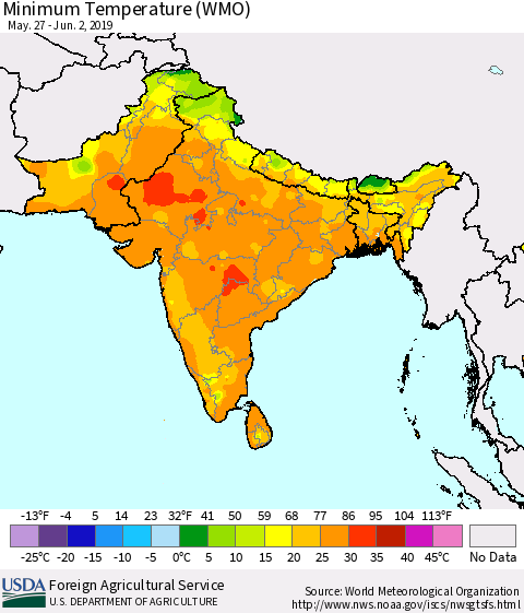 Southern Asia Minimum Temperature (WMO) Thematic Map For 5/27/2019 - 6/2/2019