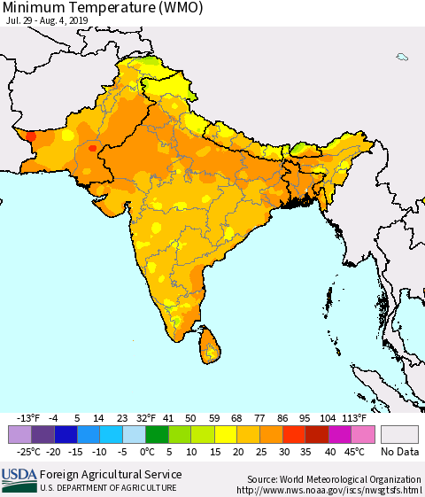 Southern Asia Minimum Temperature (WMO) Thematic Map For 7/29/2019 - 8/4/2019