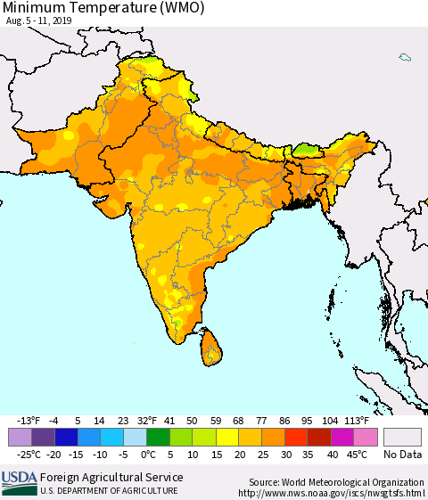 Southern Asia Minimum Temperature (WMO) Thematic Map For 8/5/2019 - 8/11/2019
