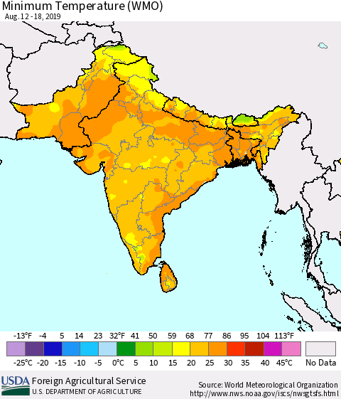 Southern Asia Minimum Temperature (WMO) Thematic Map For 8/12/2019 - 8/18/2019