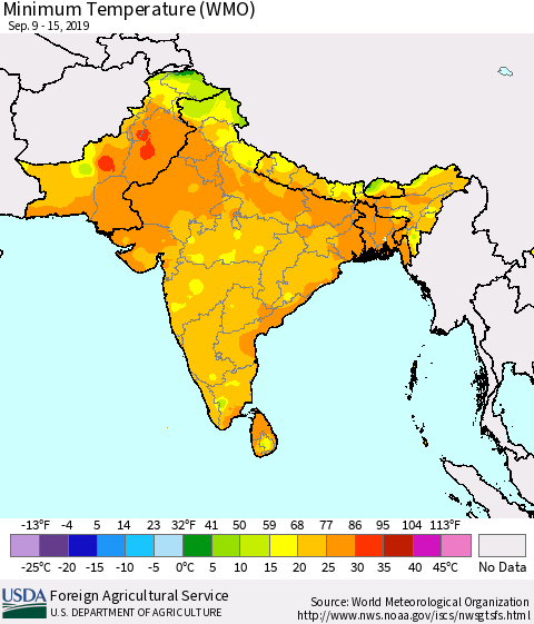 Southern Asia Minimum Temperature (WMO) Thematic Map For 9/9/2019 - 9/15/2019