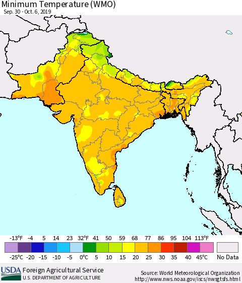 Southern Asia Minimum Temperature (WMO) Thematic Map For 9/30/2019 - 10/6/2019