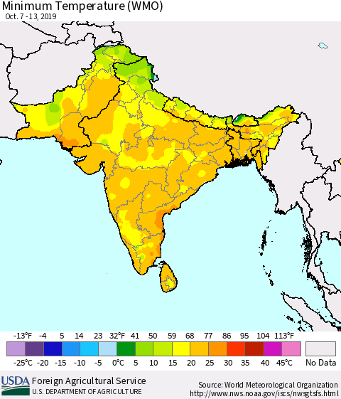 Southern Asia Minimum Temperature (WMO) Thematic Map For 10/7/2019 - 10/13/2019