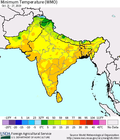 Southern Asia Minimum Temperature (WMO) Thematic Map For 10/21/2019 - 10/27/2019
