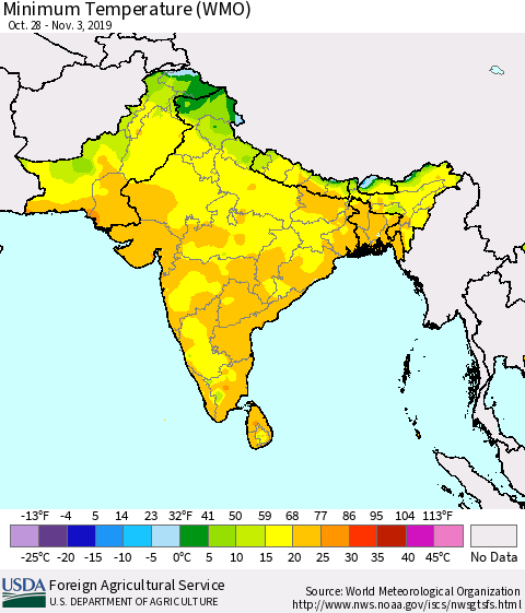 Southern Asia Minimum Temperature (WMO) Thematic Map For 10/28/2019 - 11/3/2019