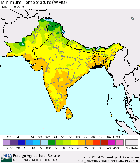 Southern Asia Minimum Temperature (WMO) Thematic Map For 11/4/2019 - 11/10/2019