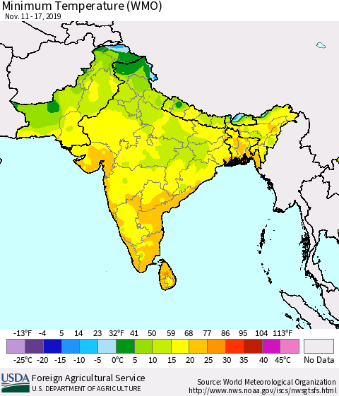 Southern Asia Minimum Temperature (WMO) Thematic Map For 11/11/2019 - 11/17/2019