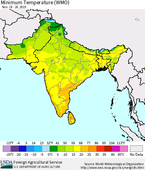 Southern Asia Minimum Temperature (WMO) Thematic Map For 11/18/2019 - 11/24/2019