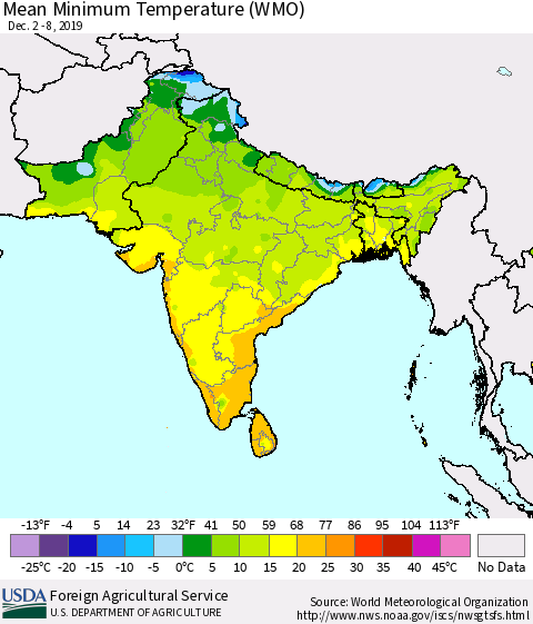 Southern Asia Minimum Temperature (WMO) Thematic Map For 12/2/2019 - 12/8/2019