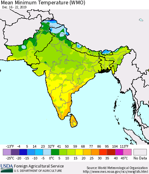 Southern Asia Minimum Temperature (WMO) Thematic Map For 12/16/2019 - 12/22/2019